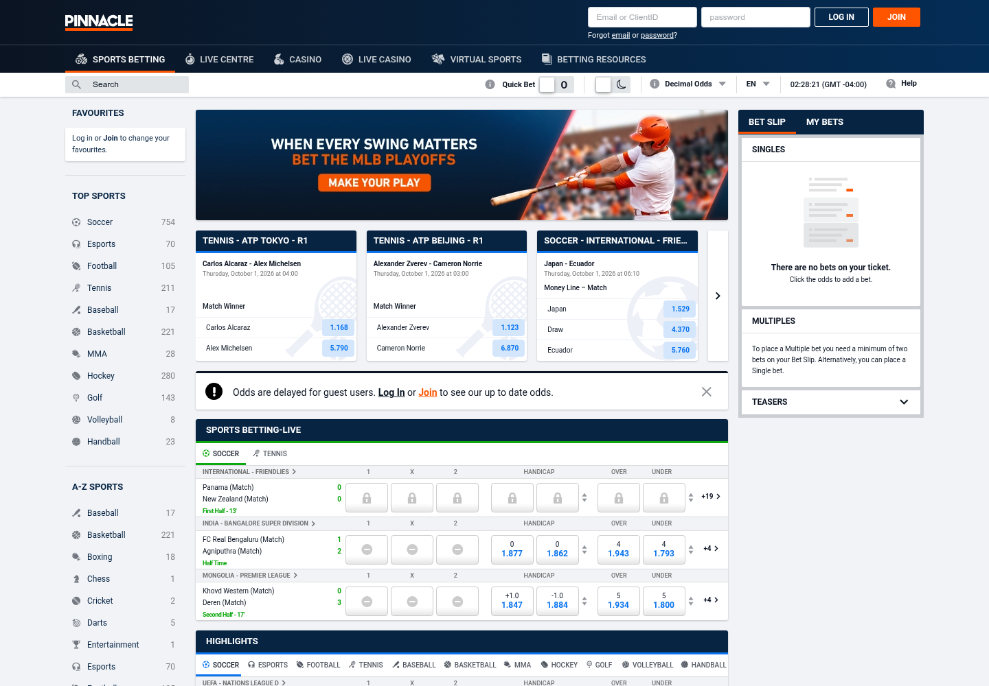Pinnacle sports betting homepage showing named tennis matches, decimal odds and a guest odds delay notice